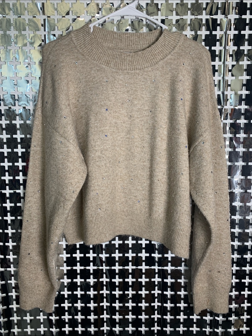 Lush Beige Crewneck Sweater with Subtle Sparkle